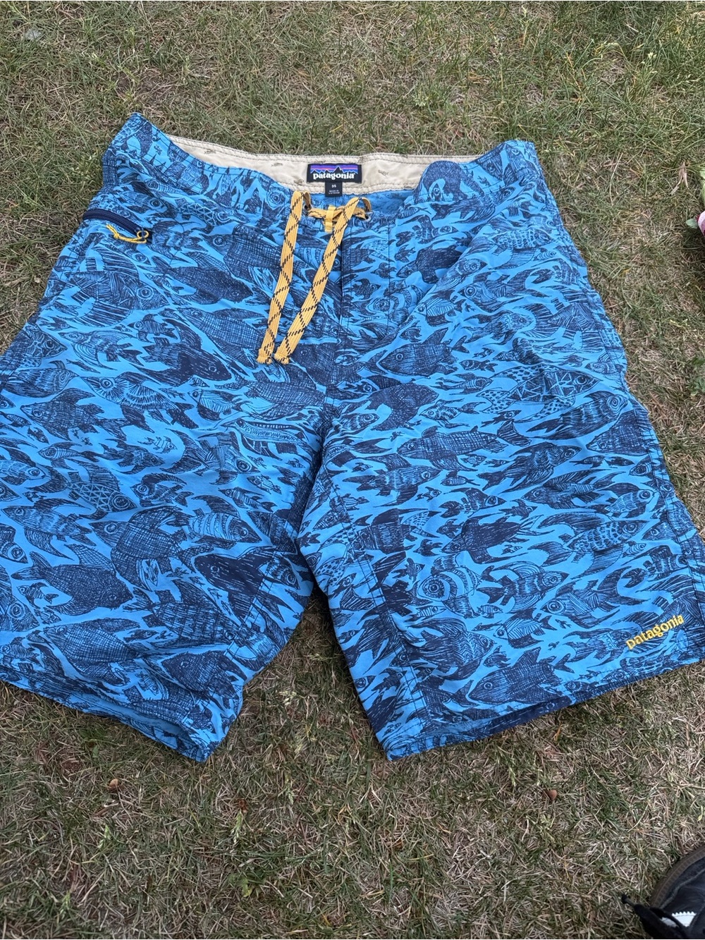 Patagonia Men’s Blue Fish-Pattern Swim Board Shorts with Yellow Drawcord
